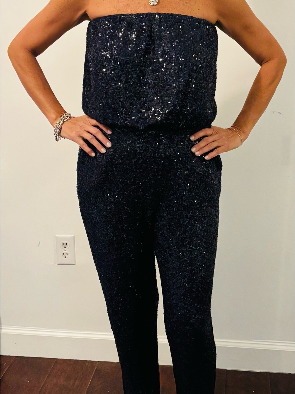 Sequin Strapless Jumpsuit in Black